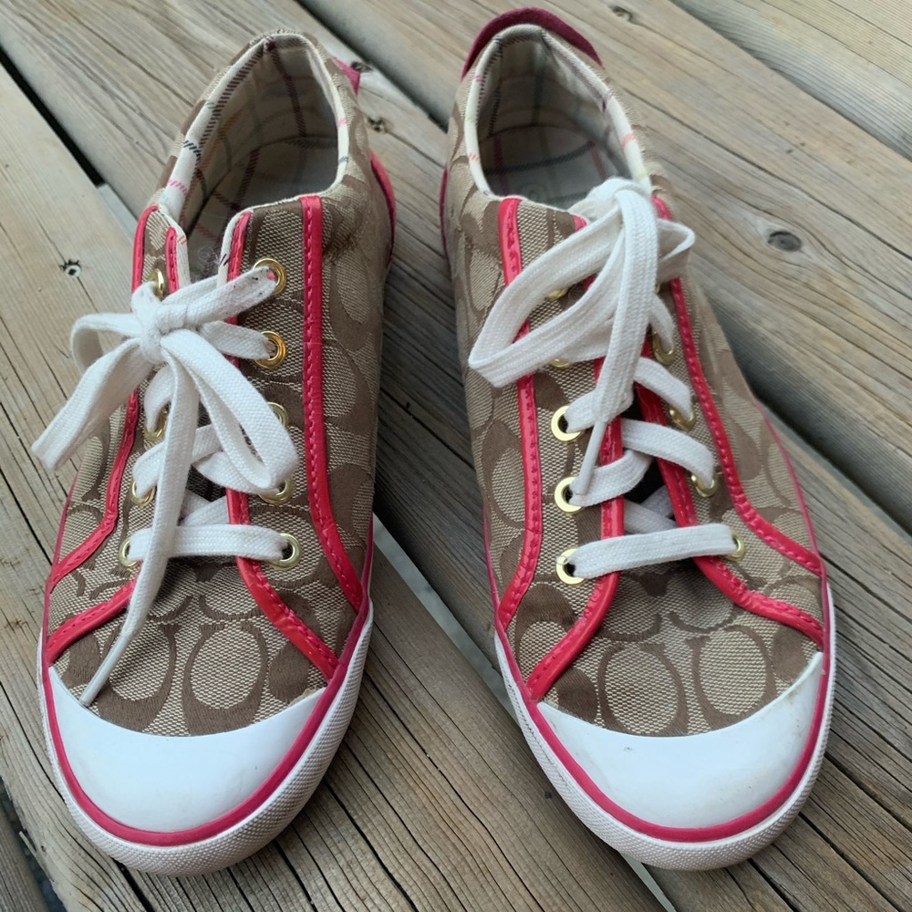 Coach Signature Canvas Sneakers in Brown with Pink Trim